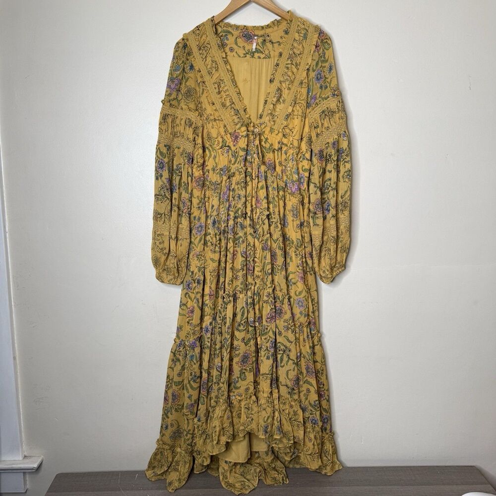 Free People Cassis Chiffon Maxi Dress Turmeric Floral Tiered Boho Festival Large - Picture 5 of 15